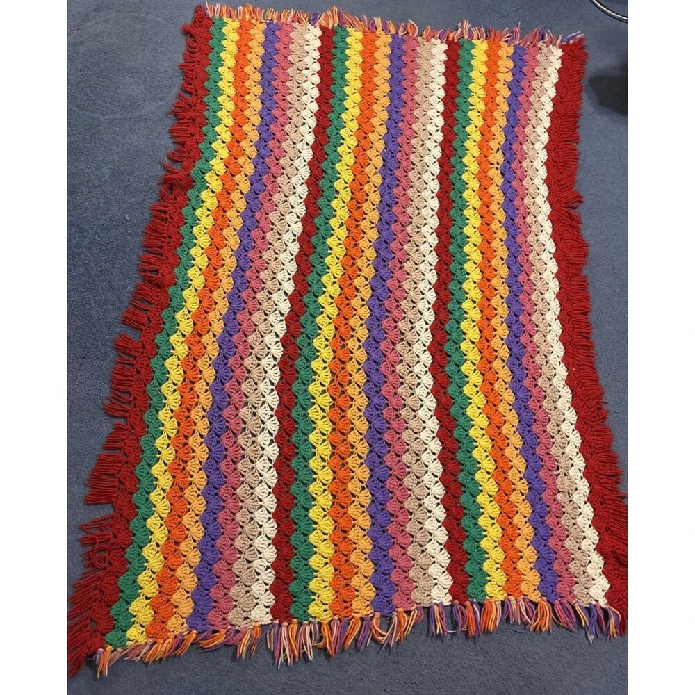 Handmade Crochet Blanket Afghan 63x43 Inches Multicolored Shell Or Fan Stitch